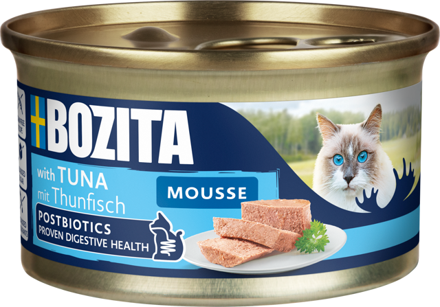 Bozita Cat Mousse z postbiotykami – nowość 1 4611 001 Bozita Mousse MSC Tuna 85g Can Cat Collabra 250704 3D 2