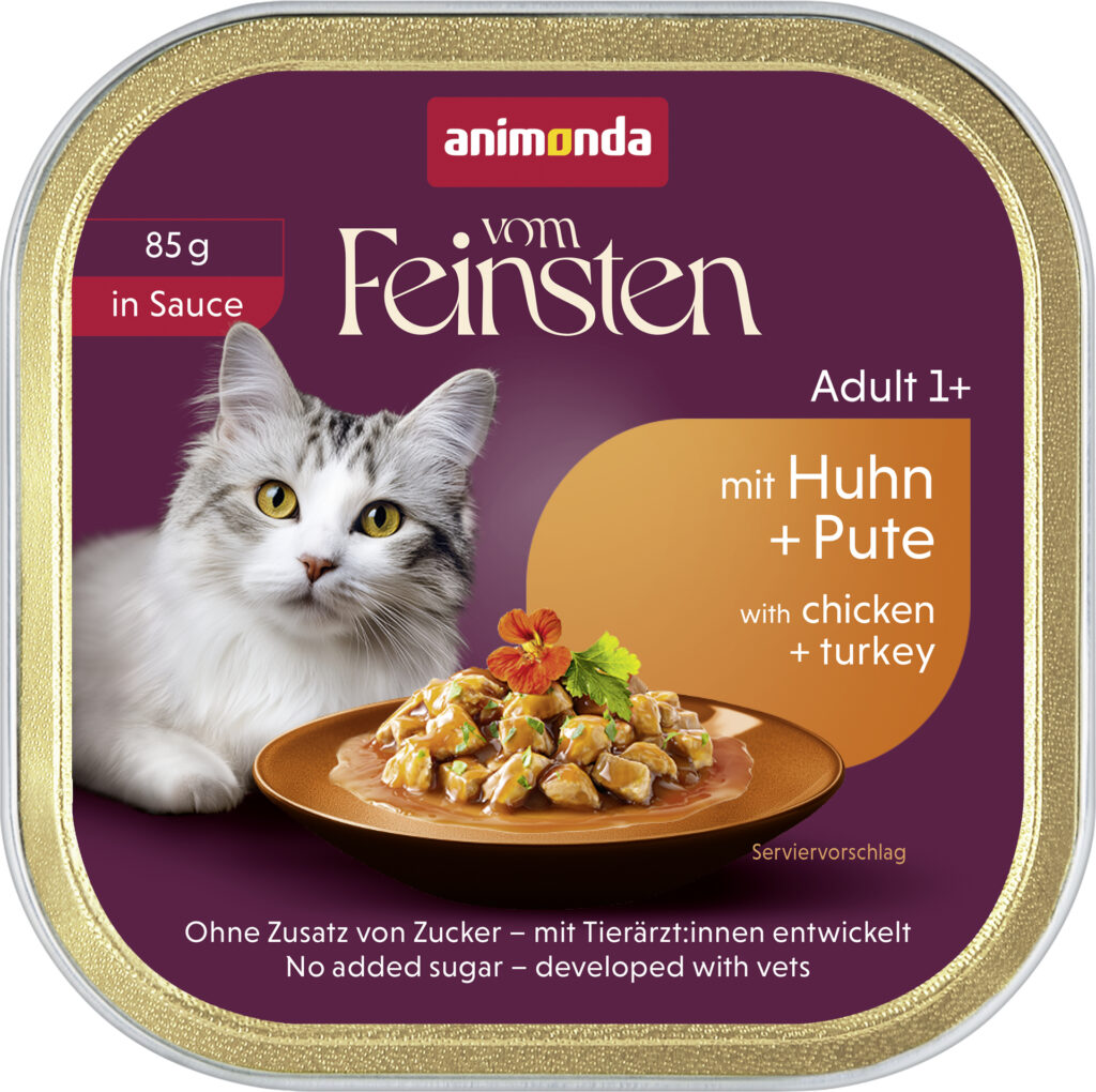 NOWOŚĆ! Tacka 85 g – wejście do świata premium Vom Feinsten 15 83670 Vom Feinsten Katze Adult in Sauce mit Huhn Pute 85g 72dpi 1920x1912px 5 NR 51125
