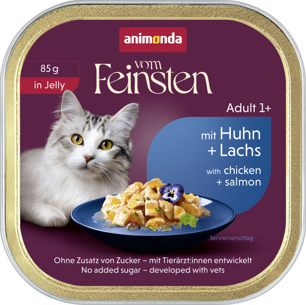 NOWOŚĆ! Tacka 85 g – wejście do świata premium Vom Feinsten 10 83673 Vom Feinsten Katze Adult in Jelly mit Huhn Lachs 85g 72dpi 1920x1912px 5 NR 51134