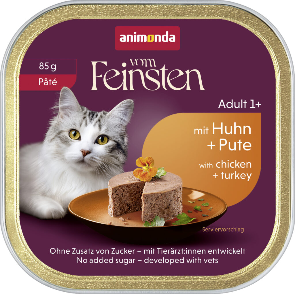NOWOŚĆ! Tacka 85 g – wejście do świata premium Vom Feinsten 13 83675 Vom Feinsten Katze Adult PEta mit Huhn Pute 85g 72dpi 1920x1912px 5 NR 51146